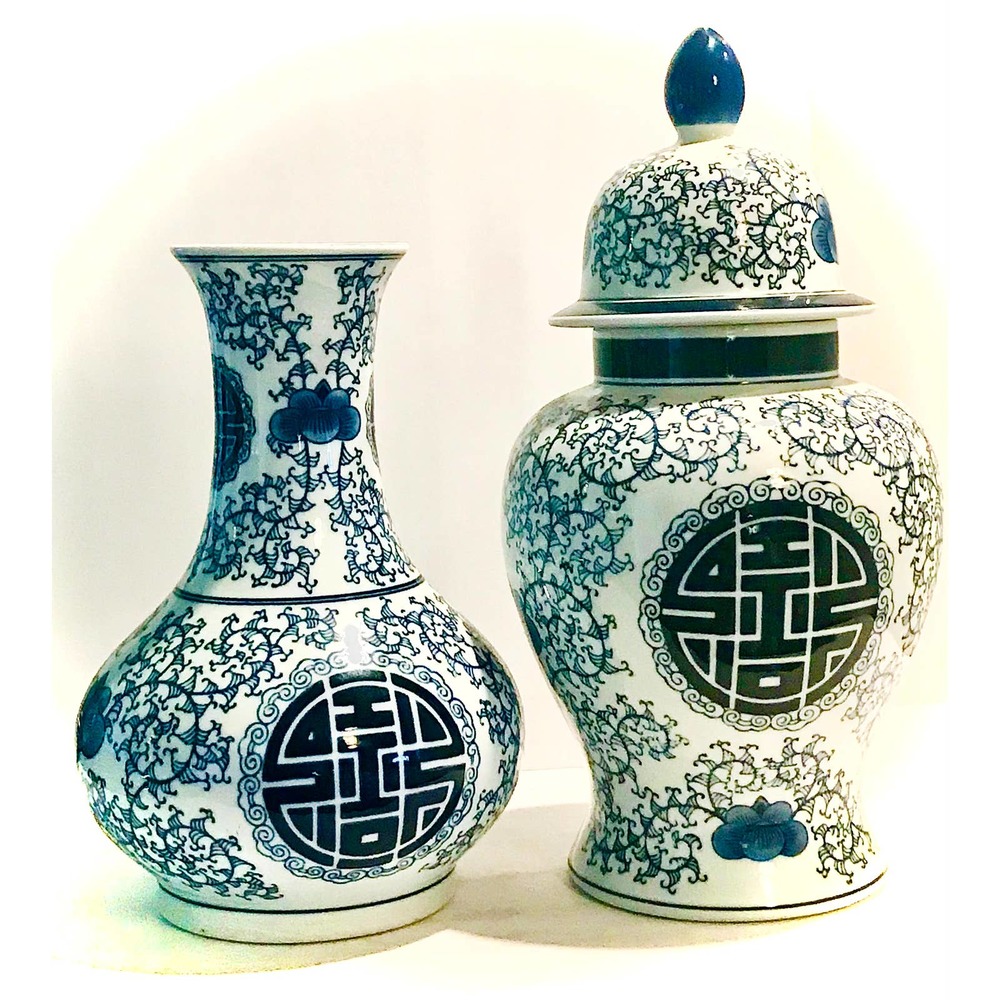 1980s Happiness Chinoiserie Vases in Ceramic One With Turret Top - a Pair